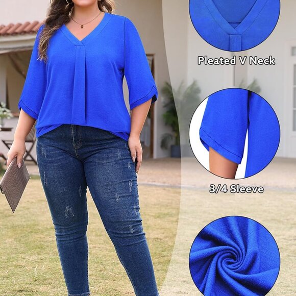 Plus Size Tops for Women 3/4 Sleeve Shirts V Neck Blouses Tunic Top Spring Summe - Picture 5 of 6